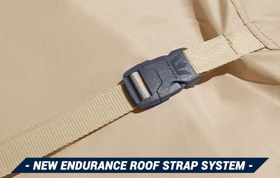 Endurance Roof Straps™ are sewn into the seam where the sidewall meets the roof, and come with adjustable straps and quick release buckles for quick, easy install.