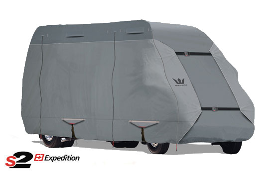 Tan and Gray Marine Grade Waterproof Fabric Roof S2 Expedition Class A RV Covers by Eevelle 